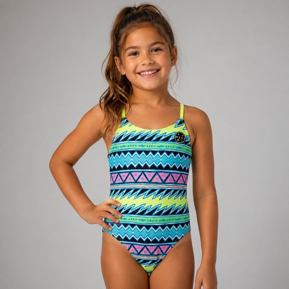Maui and Sons Girls Neon Geometric Tribal One Piece Swimsuit Blue Green Size 7/8